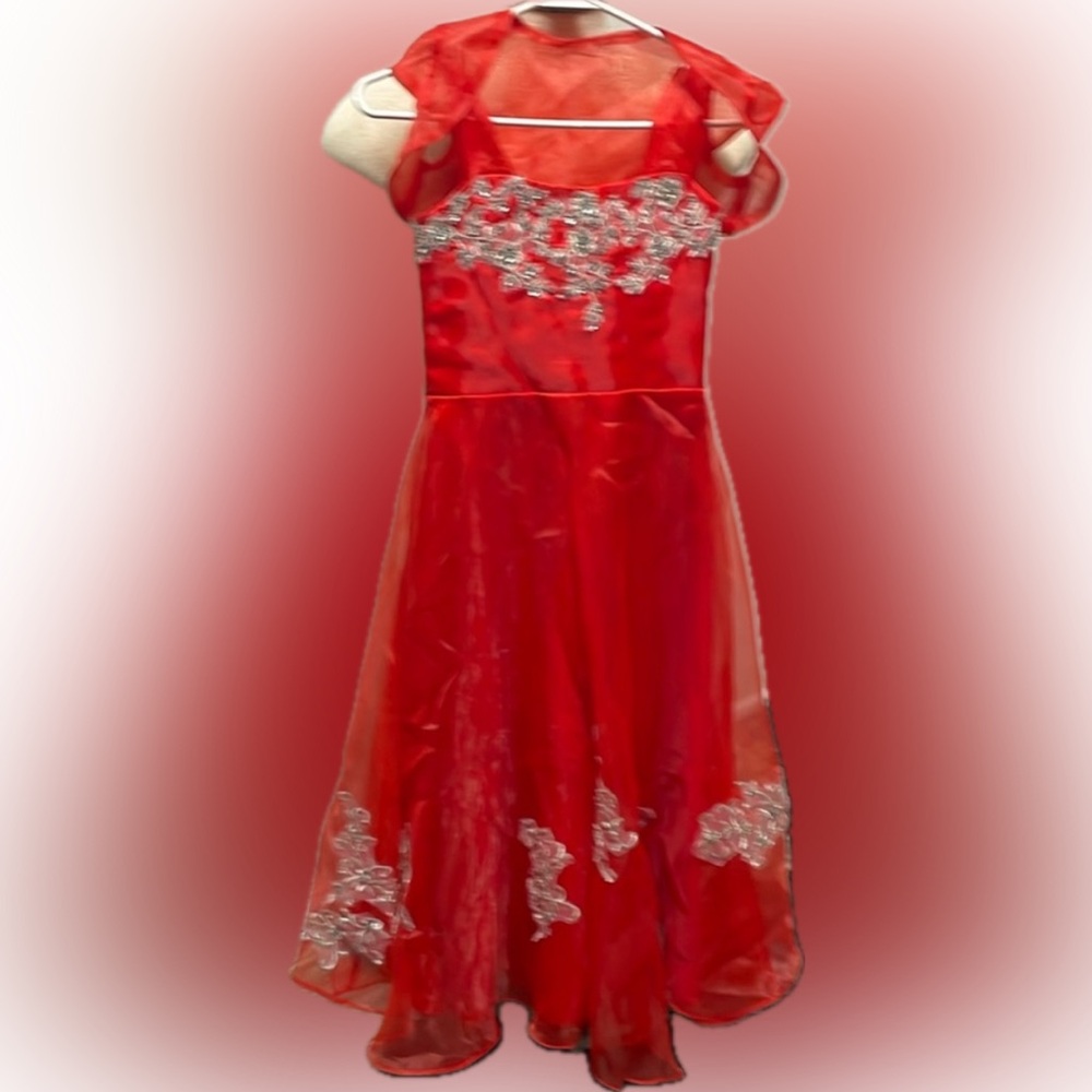 Red formal flowing dress sleeveless.with silver embroidered appliqué